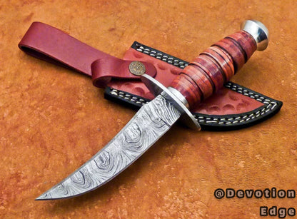 Hand Forged Damascus Bowie Knife, Hunting Knife, Steel Guard EDC With Leather