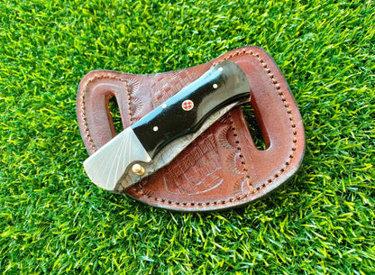 Devotion Edge Custom Handmade Original Damascus Steel FOLDING blade POCKET Knife With Leather Sheath