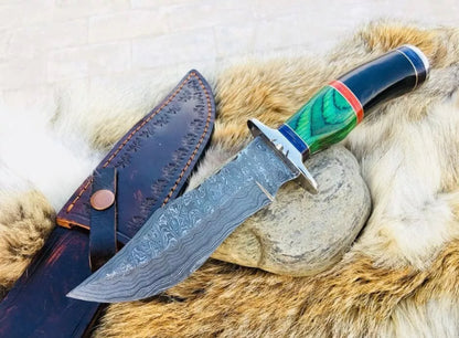 Devotion Edge Custom Handmade Damascus Steel Buffalo Horn Hunting Bowie Knife With Leather Sheath