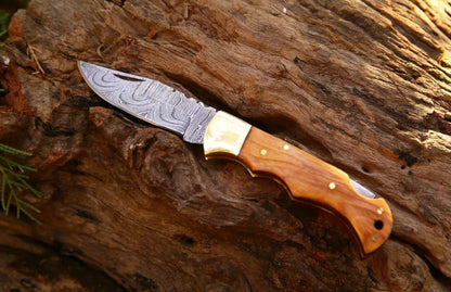 Devotion Edge Damascus Handmade Folding Pocket Damascus Steel Knife With Leather Sheath