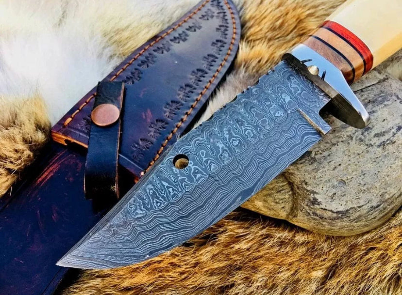 Custom Handmade Damascus Steel Camel Bone Handle Hunting Bowie Knife With Leather Sheath