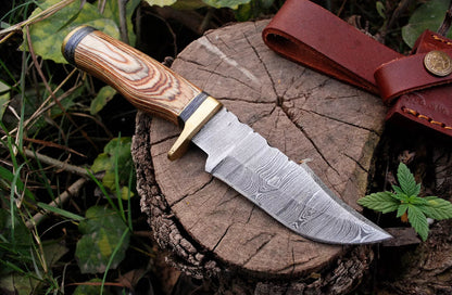 DAMASCUS FORGE CUSTOM HANDMADE HUNTING TACTICAL SURVIVAL BOWIE KNIFE WOOD With Leather Sheath