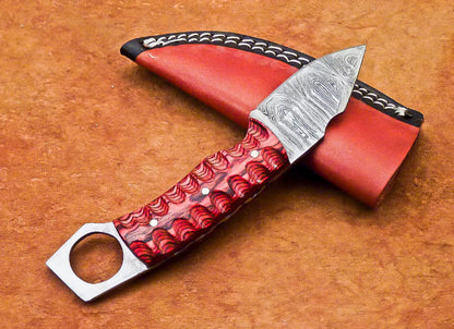 Devotion Edge Custom Handmade 5inch Damascus Steel Hunting Camping Knife, Skinning Knife With Leather Sheath