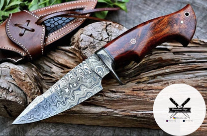 Handmade Custom Damascus steel 10'' Bowie Hunting Knife with Rose Wood + Original Leather Sheath
