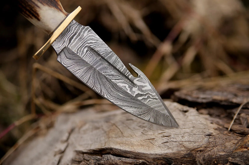 Devotion Edge Damascus Hunting Knife Full Tang Stag Antler Handle Bowie Knife Handmade Knife With Leather Sheath 2