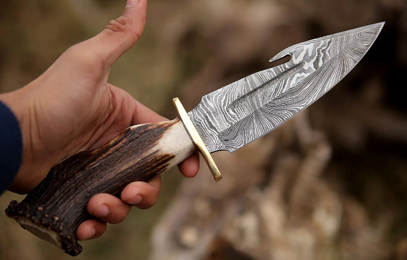 Devotion Edge Damascus Hunting Knife Full Tang Stag Antler Handle Bowie Knife Handmade Knife With Leather Sheath 3