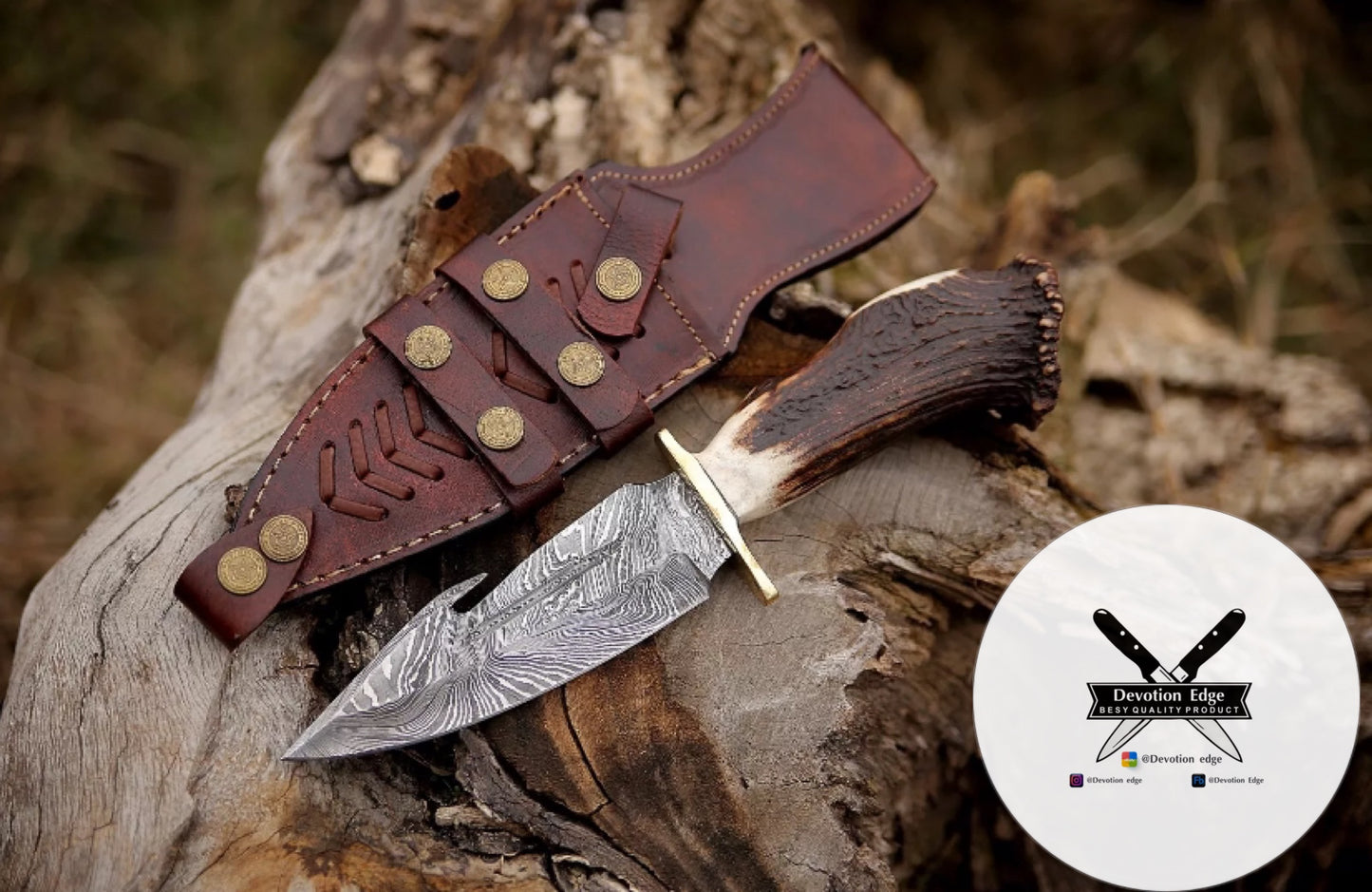 Devotion Edge Damascus Hunting Knife Full Tang Stag Antler Handle Bowie Knife Handmade Knife With Leather Sheath 1