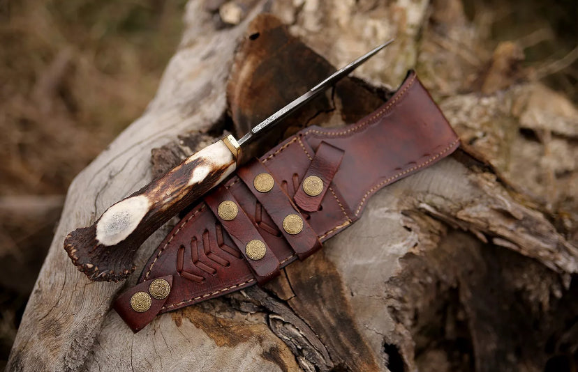 Devotion Edge Damascus Hunting Knife Full Tang Stag Antler Handle Bowie Knife Handmade Knife With Leather Sheath 4