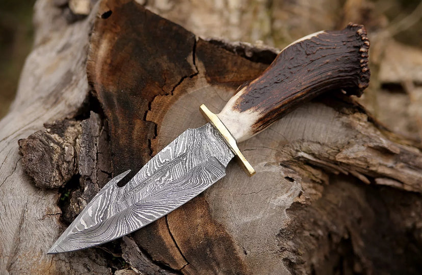 Devotion Edge Damascus Hunting Knife Full Tang Stag Antler Handle Bowie Knife Handmade Knife With Leather Sheath 5