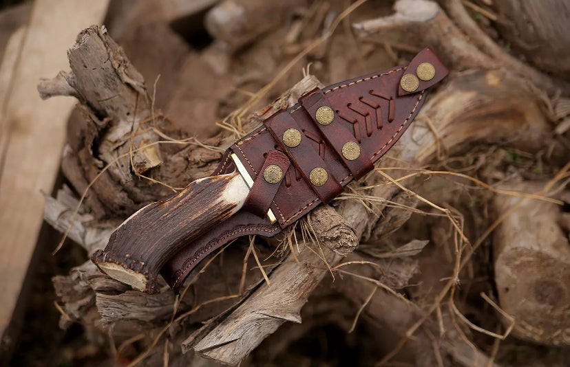 Devotion Edge Damascus Hunting Knife Full Tang Stag Antler Handle Bowie Knife Handmade Knife With Leather Sheath 6