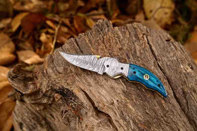 Best Christmas Gift For Boyfriend  Folding Pocket Damascus Steel Knife With Leather Sheath  Anniversary Gift 1