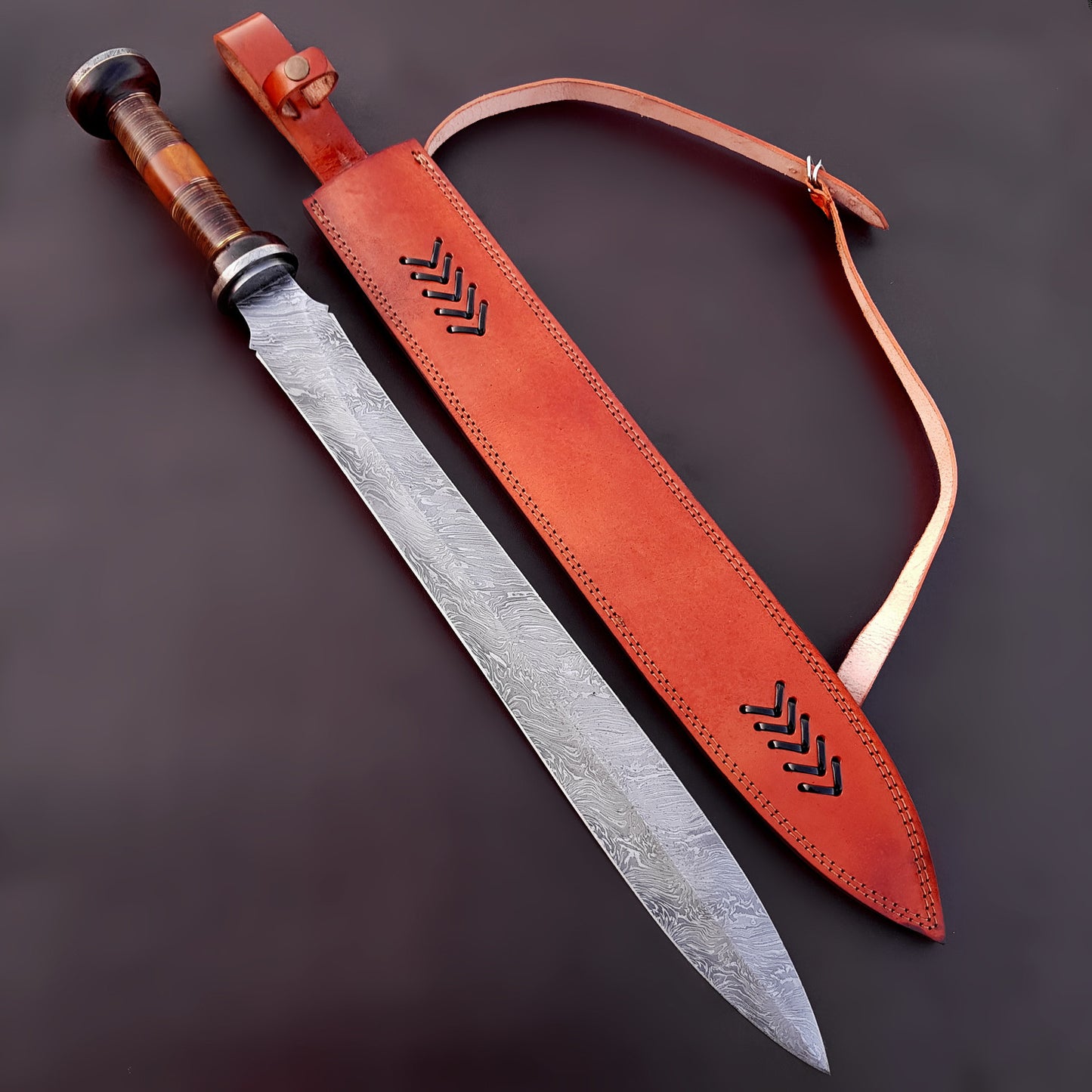 Custom Handmade Premium Quality Hunting Sword With Damascus Steel Blade  Pure Cow Hide Leather Sheath 1