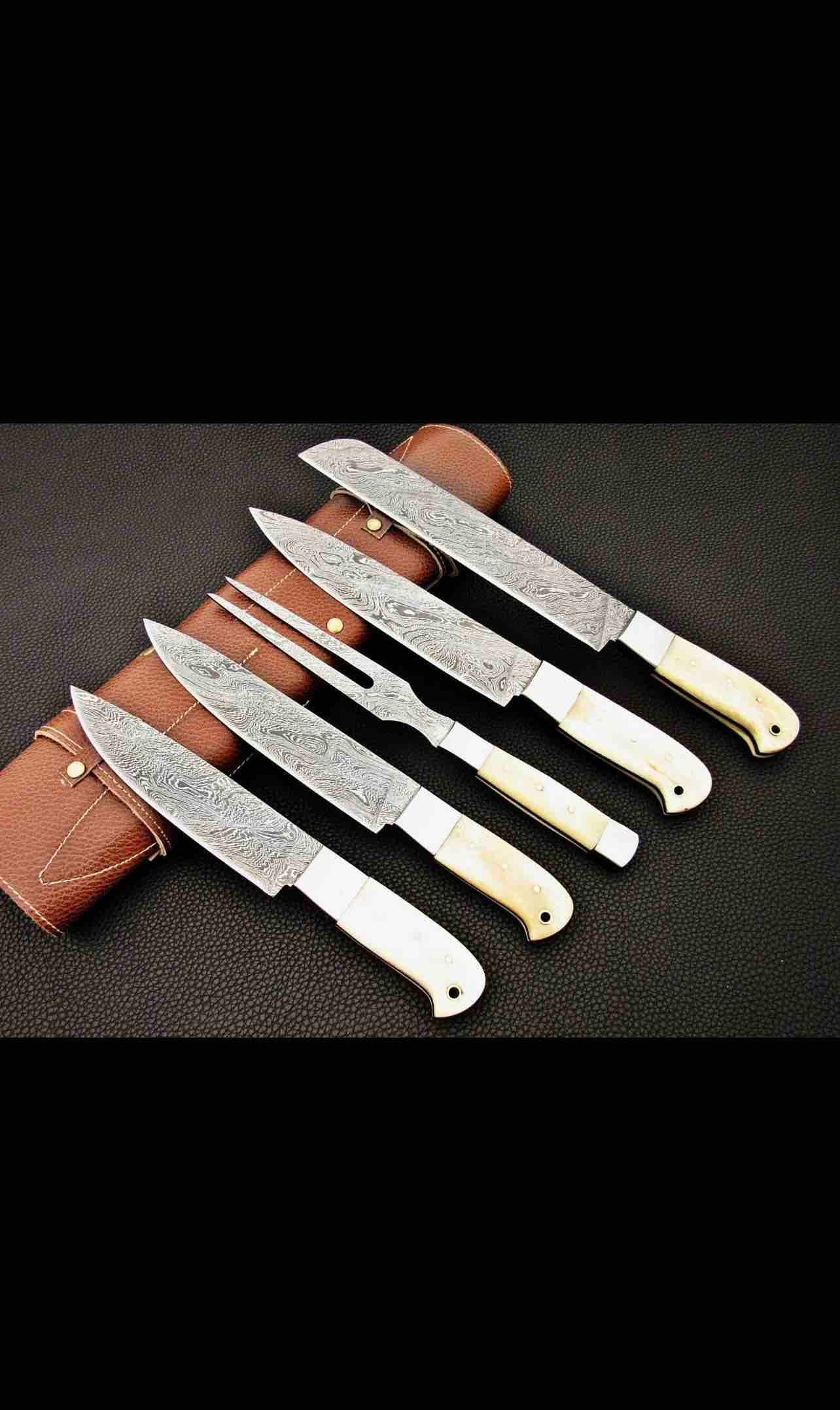 Handmade Damascus Steel Chef Set with Leather Cover, Hand Forged Kitchen BBQ , Best Anniversary and Birthday