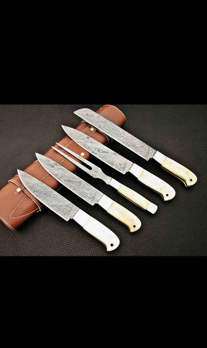 Handmade Damascus Steel Chef Set with Leather Cover, Hand Forged Kitchen BBQ , Best Anniversary and Birthday