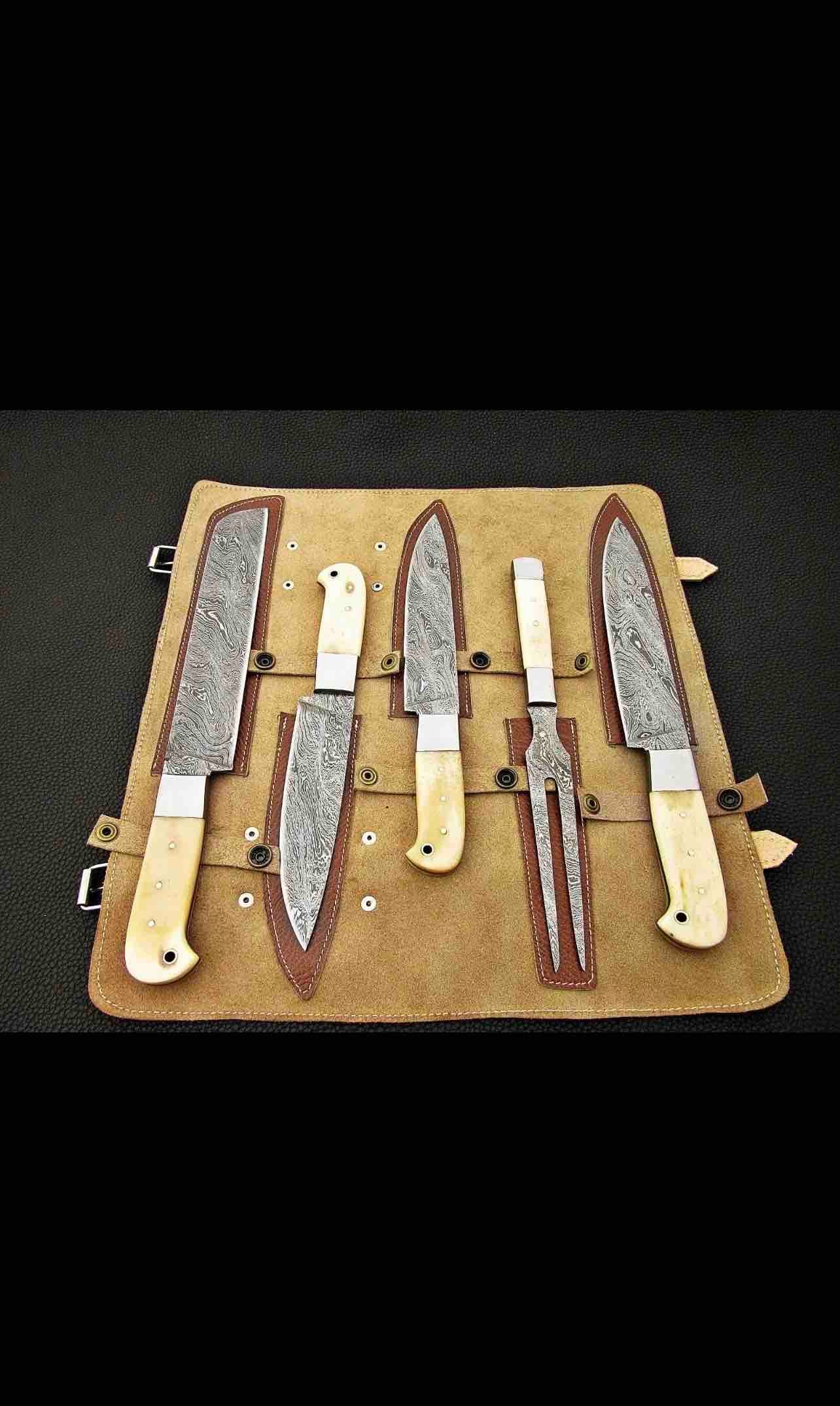 Handmade Damascus Steel Chef Set With Leather Cover Hand Forged Kitchen BBQ  Best Anniversary And Birthday 1