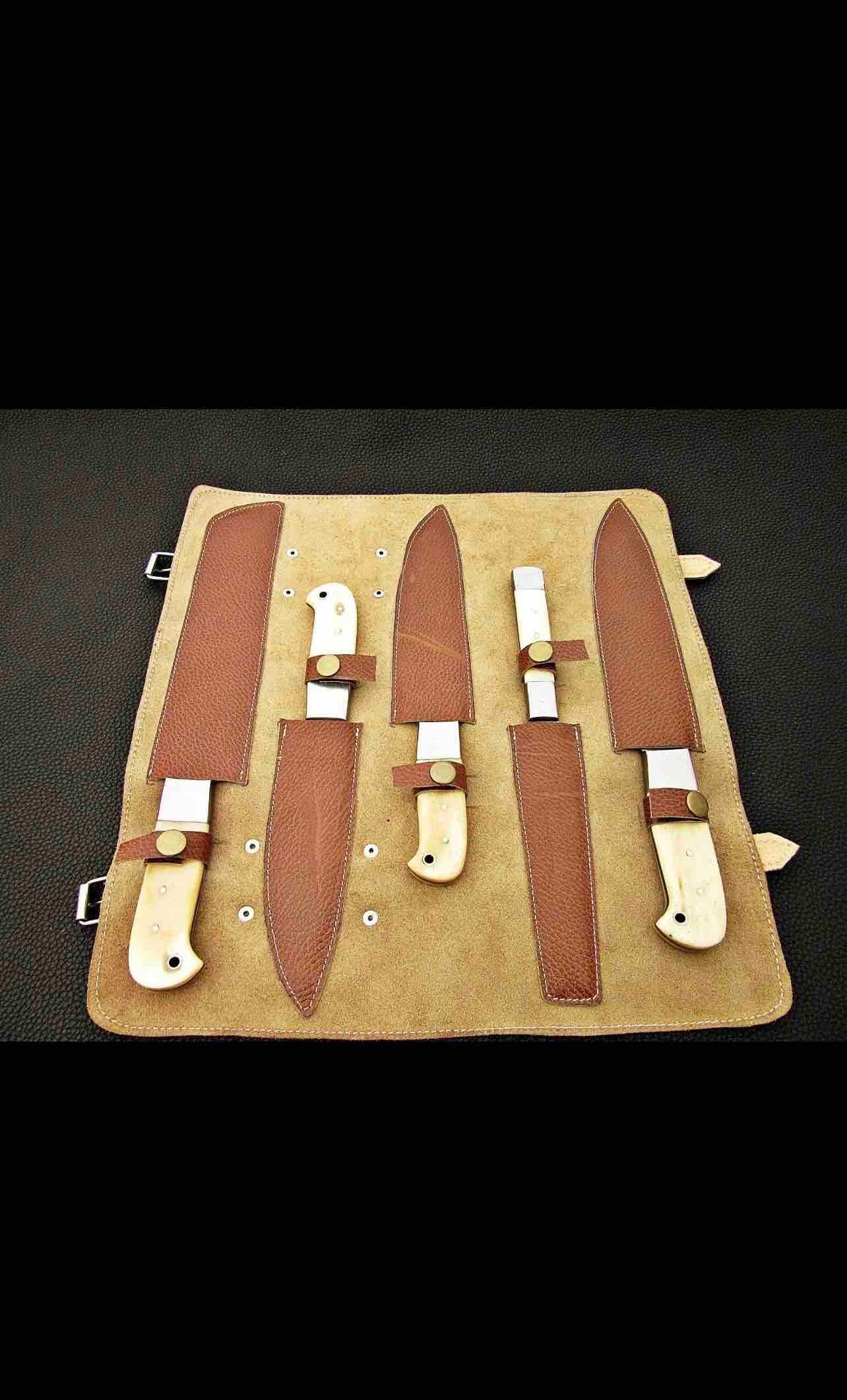 Handmade Damascus Steel Chef Set With Leather Cover Hand Forged Kitchen BBQ  Best Anniversary And Birthday 2