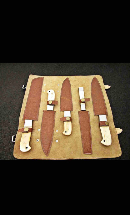 Handmade Damascus Steel Chef Set With Leather Cover Hand Forged Kitchen BBQ  Best Anniversary And Birthday 2