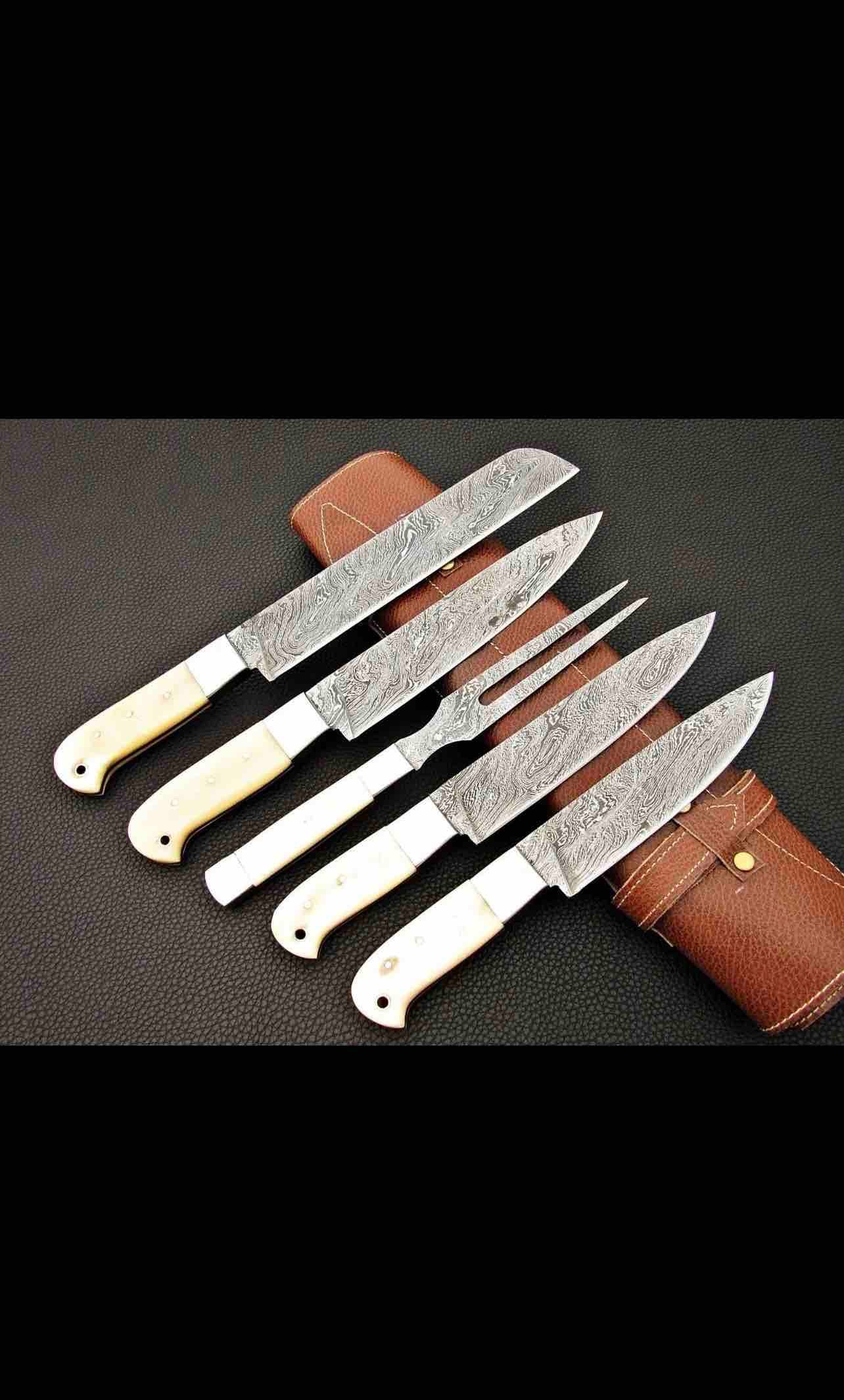 Handmade Damascus Steel Chef Set With Leather Cover Hand Forged Kitchen BBQ  Best Anniversary And Birthday 3