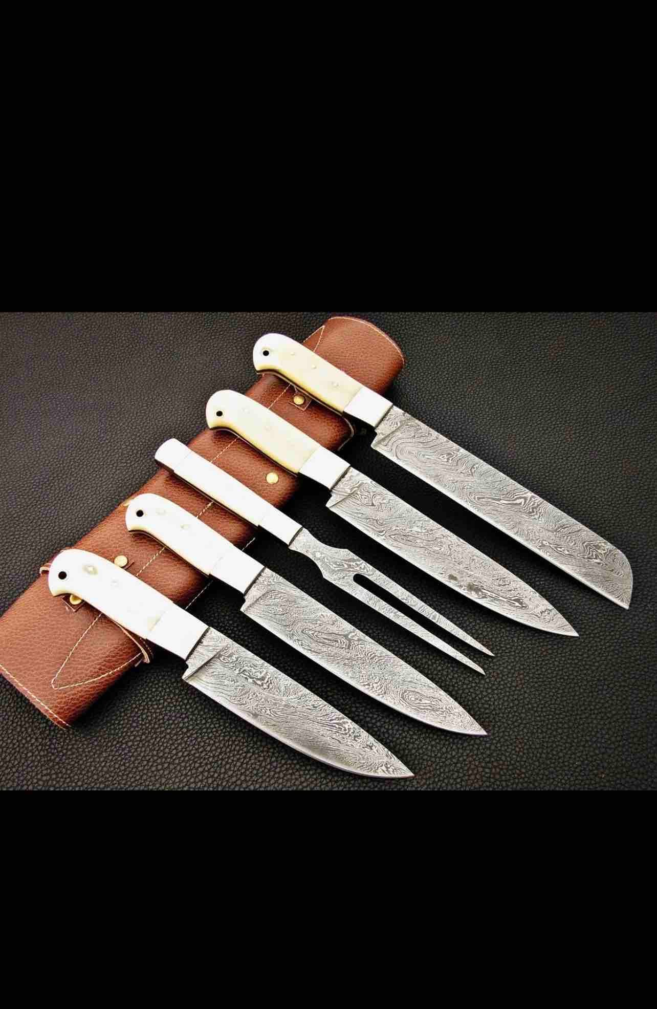 Handmade Damascus Steel Chef Set With Leather Cover Hand Forged Kitchen BBQ  Best Anniversary And Birthday 4