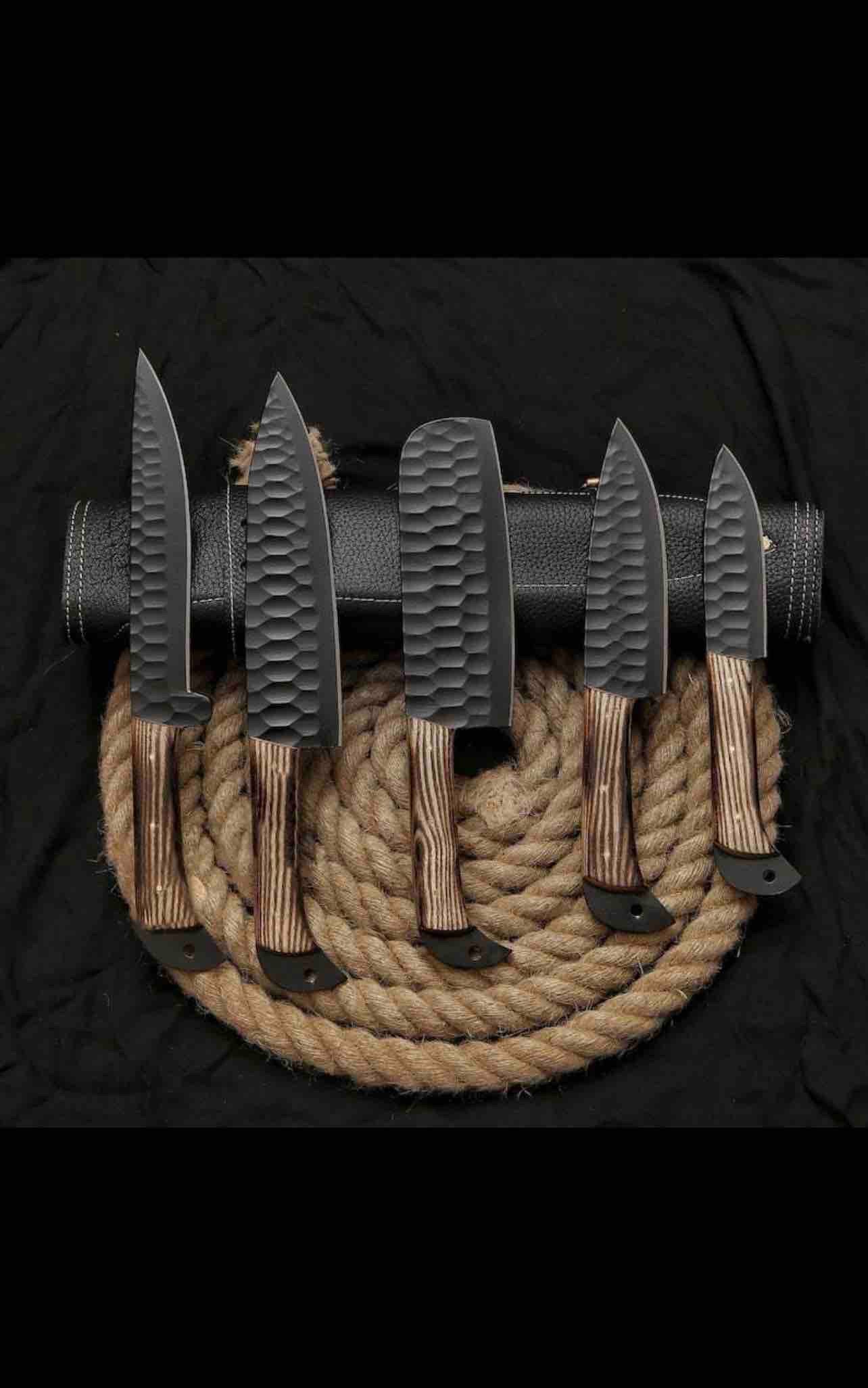 Handmade Damascus Steel Chef Set With Leather Cover Hand Forged Kitchen BBQ Set Best Anniversary And Birthday 2