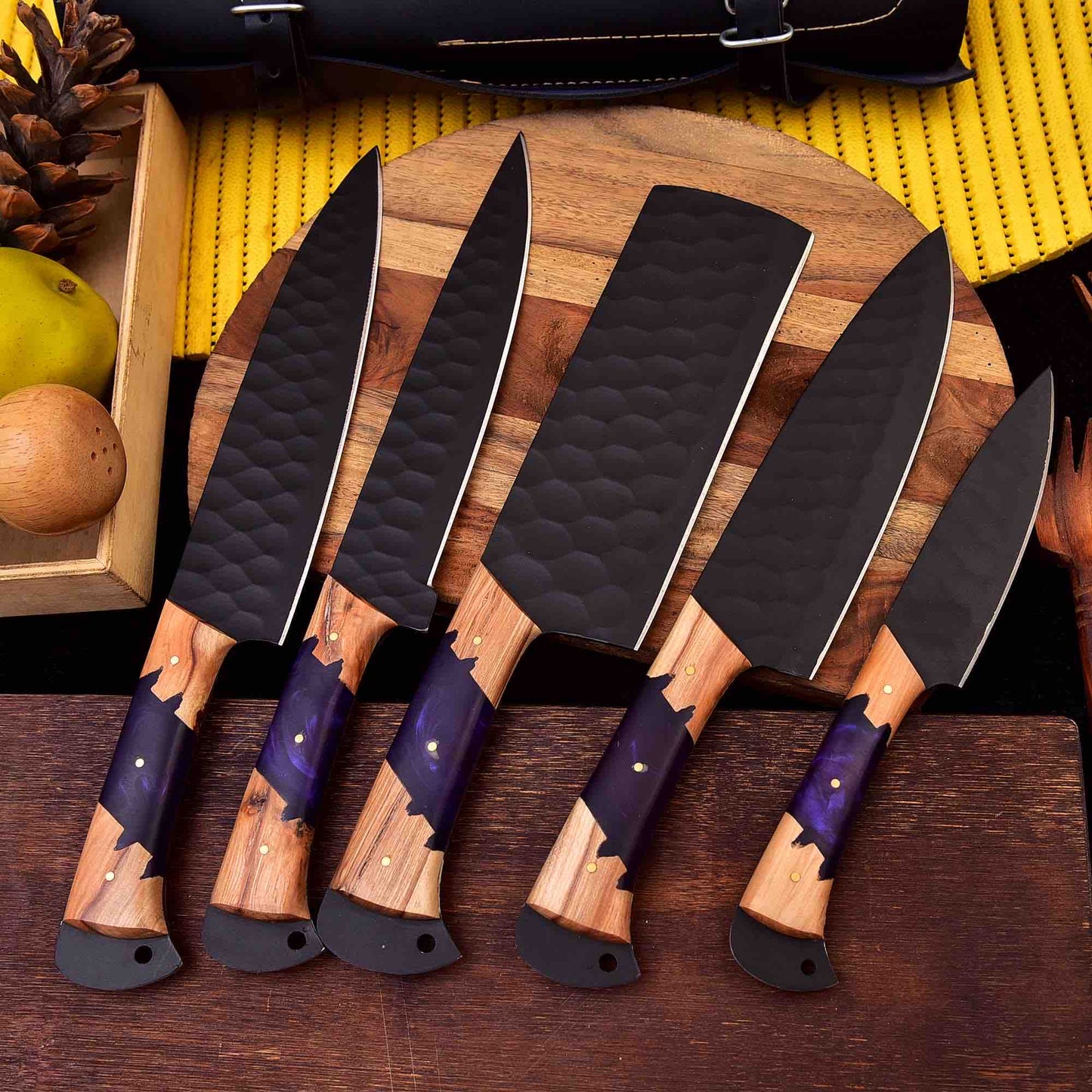 Heaven Forged Damascus Steel Chef Set 5Pcs with Leather Roll Kit, Handmade Kitchen BBQ Culinary Set, Birthday