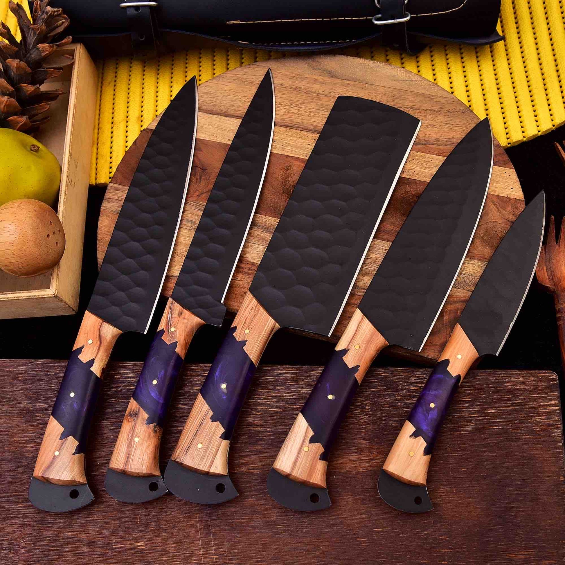 Heaven Forged Damascus Steel Chef Set 5Pcs with Leather Roll Kit, Handmade Kitchen BBQ Culinary Set, Birthday