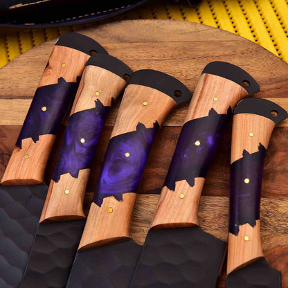 Heaven Forged Damascus Steel Chef Set 5Pcs With Leather Roll Kit Handmade Kitchen BBQ Culinary Set Birthday 5
