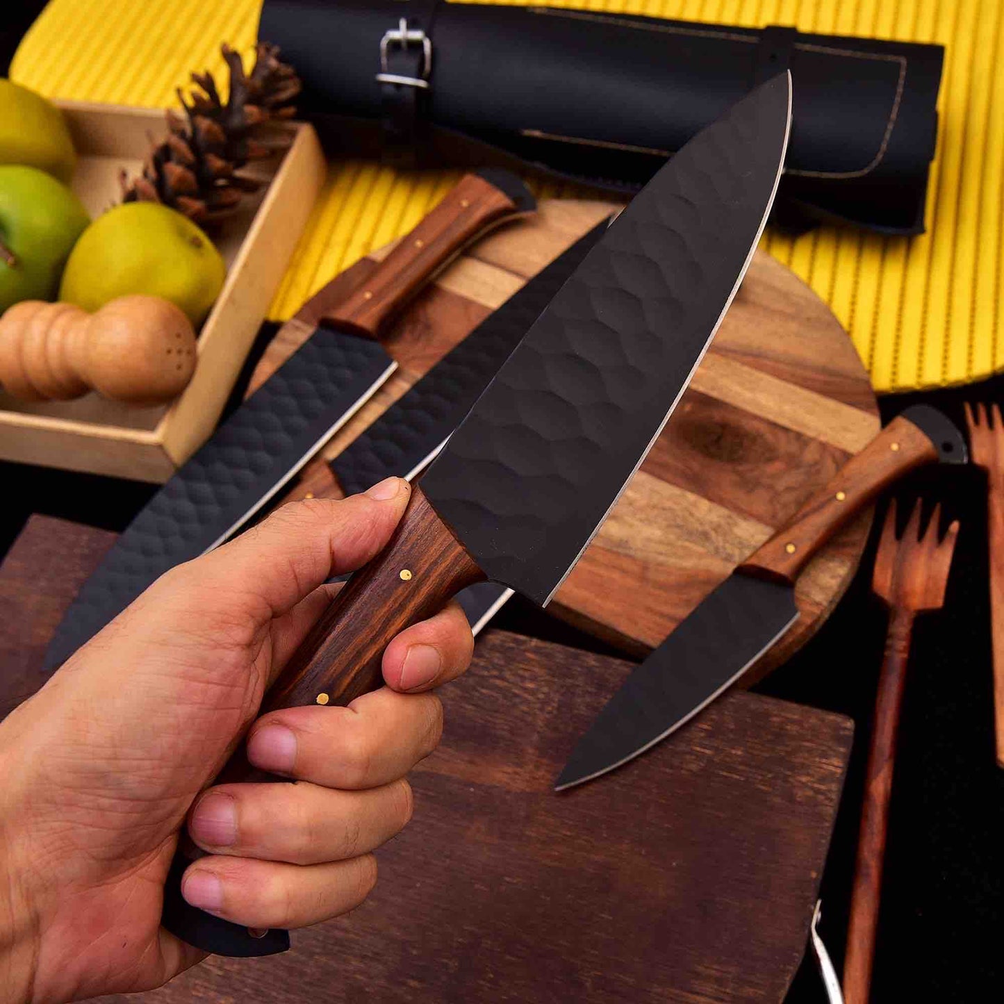 Forged Carbon Coated Steel Chef Set 5Pcs With Leather Roll Kit Handmade Kitchen BBQ Culinary Set Birthday 1