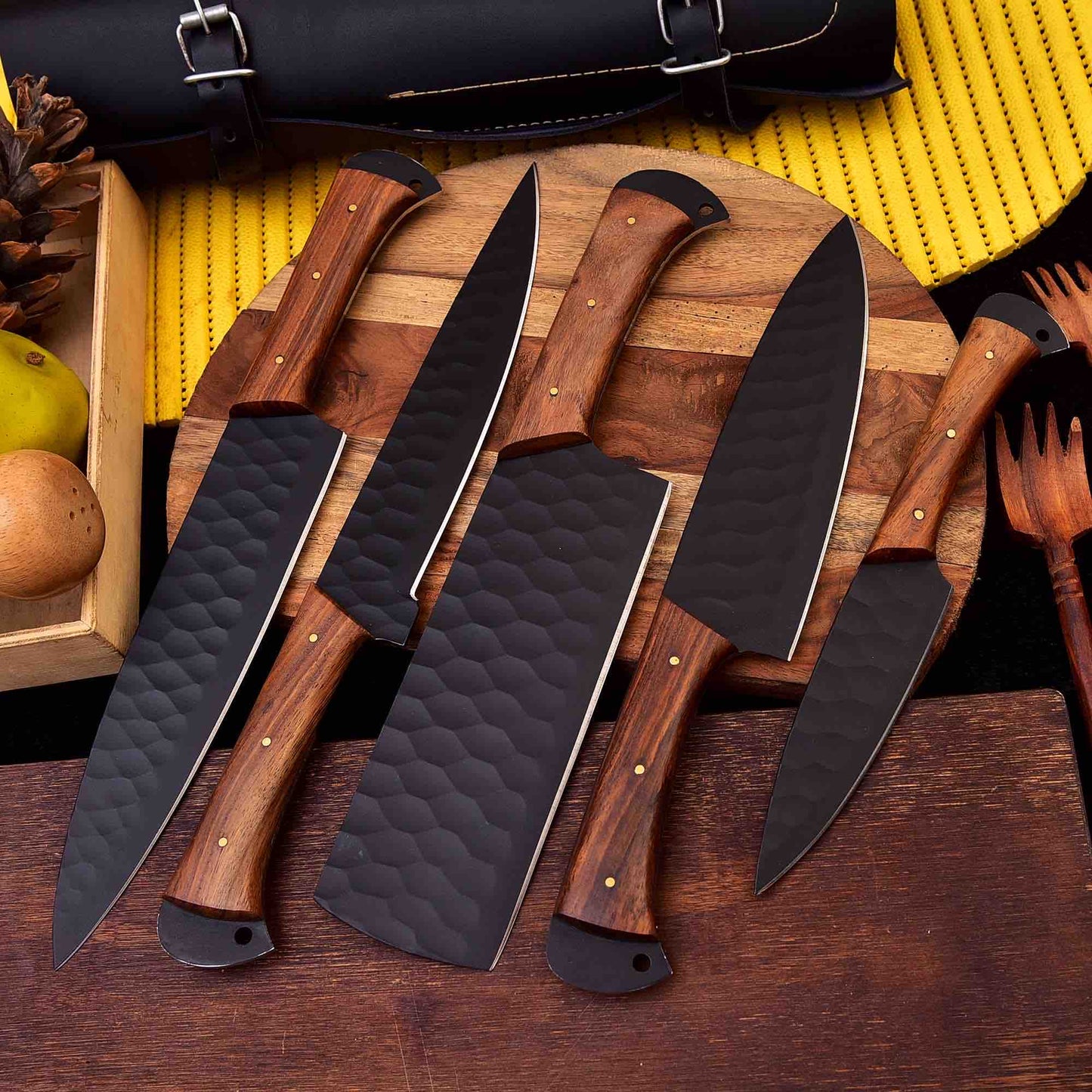 Forged Carbon Coated Steel Chef Set 5Pcs With Leather Roll Kit Handmade Kitchen BBQ Culinary Set Birthday 3