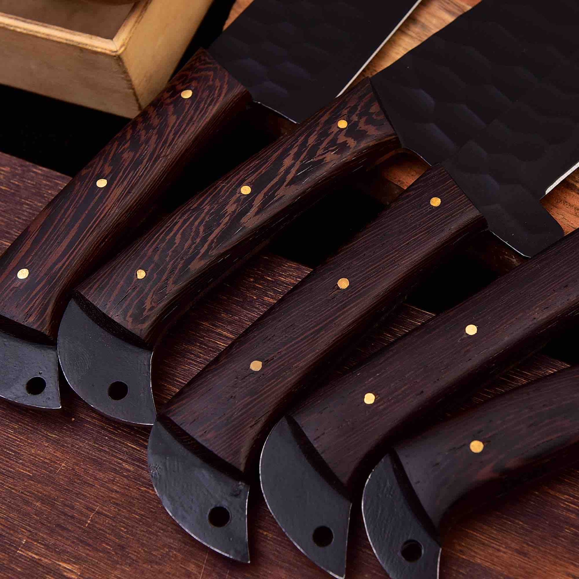 Forged Carbon Coated Steel Chef Set 5Pcs With Leather Roll Kit Handmade Kitchen BBQ Culinary Set Wit