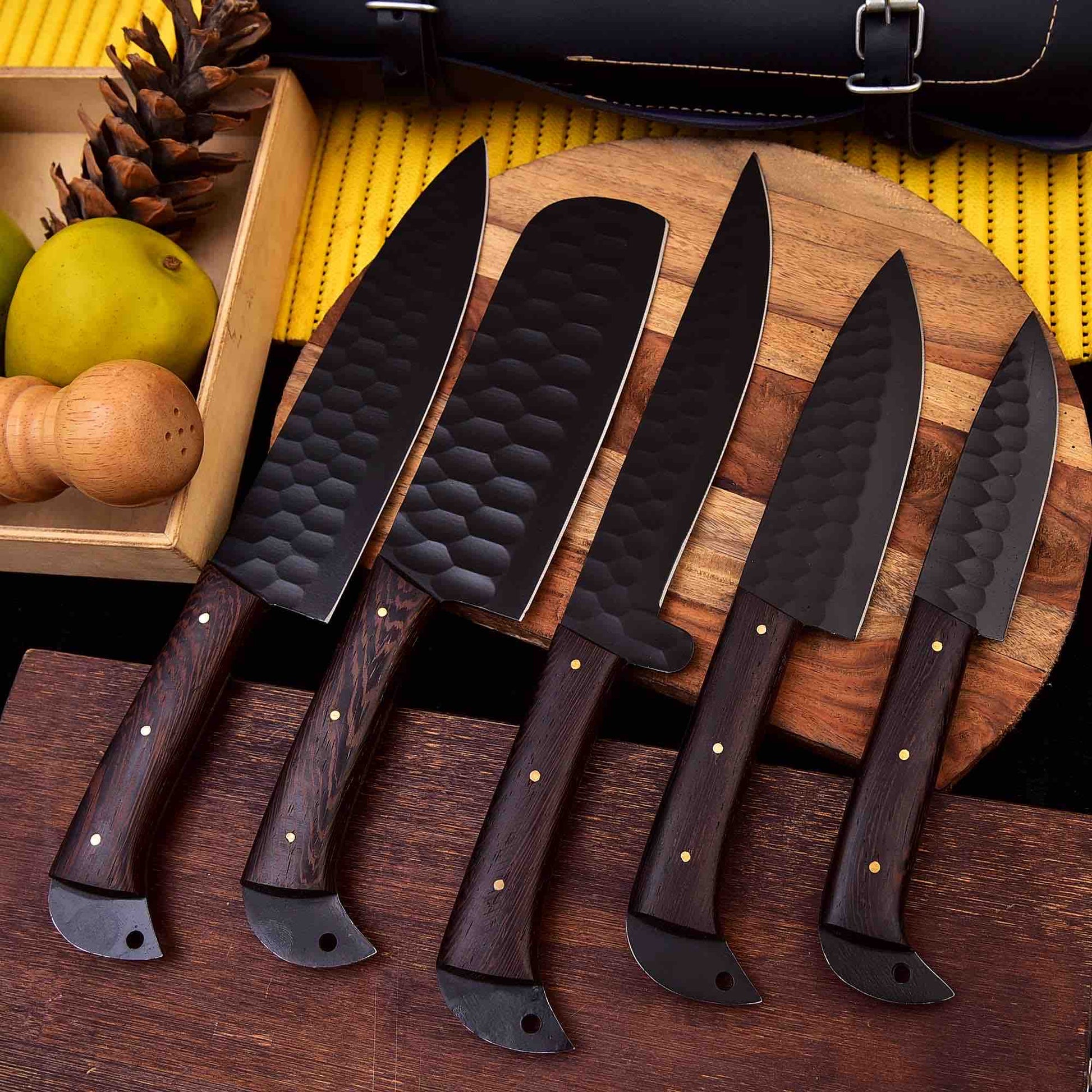 Forged Carbon Coated Steel Chef Set 5Pcs with Leather Roll Kit, Handmade Kitchen BBQ Culinary Set with leather cover