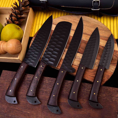 Forged Carbon Coated Steel Chef Set 5Pcs with Leather Roll Kit, Handmade Kitchen BBQ Culinary Set with leather cover
