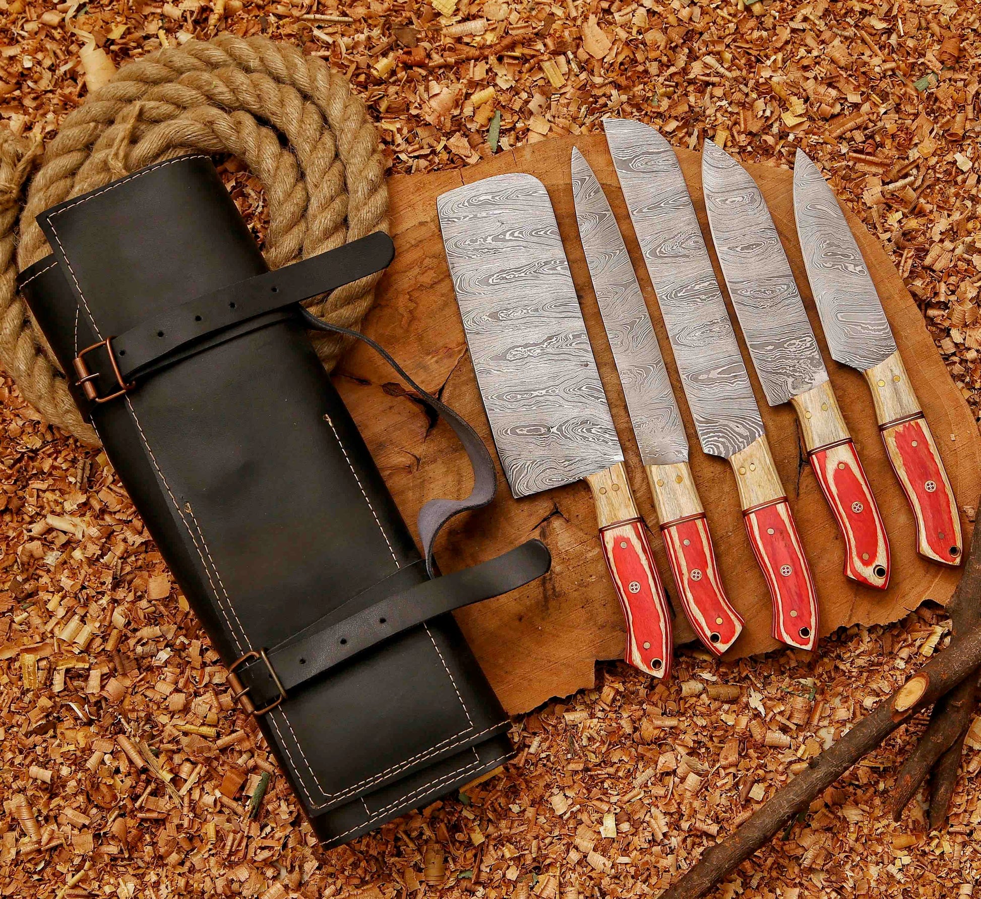 Forged Carbon Coated Steel Chef Set 5Pcs With Leather Roll Kit Handmade Kitchen BBQ Set Birthday 3