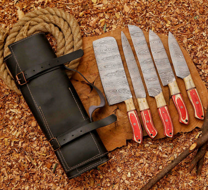 Forged Carbon Coated Steel Chef Set 5Pcs With Leather Roll Kit Handmade Kitchen BBQ Set Birthday 3