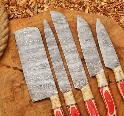 Forged Carbon Coated Steel Chef Set 5Pcs With Leather Roll Kit Handmade Kitchen BBQ Set Birthday 4
