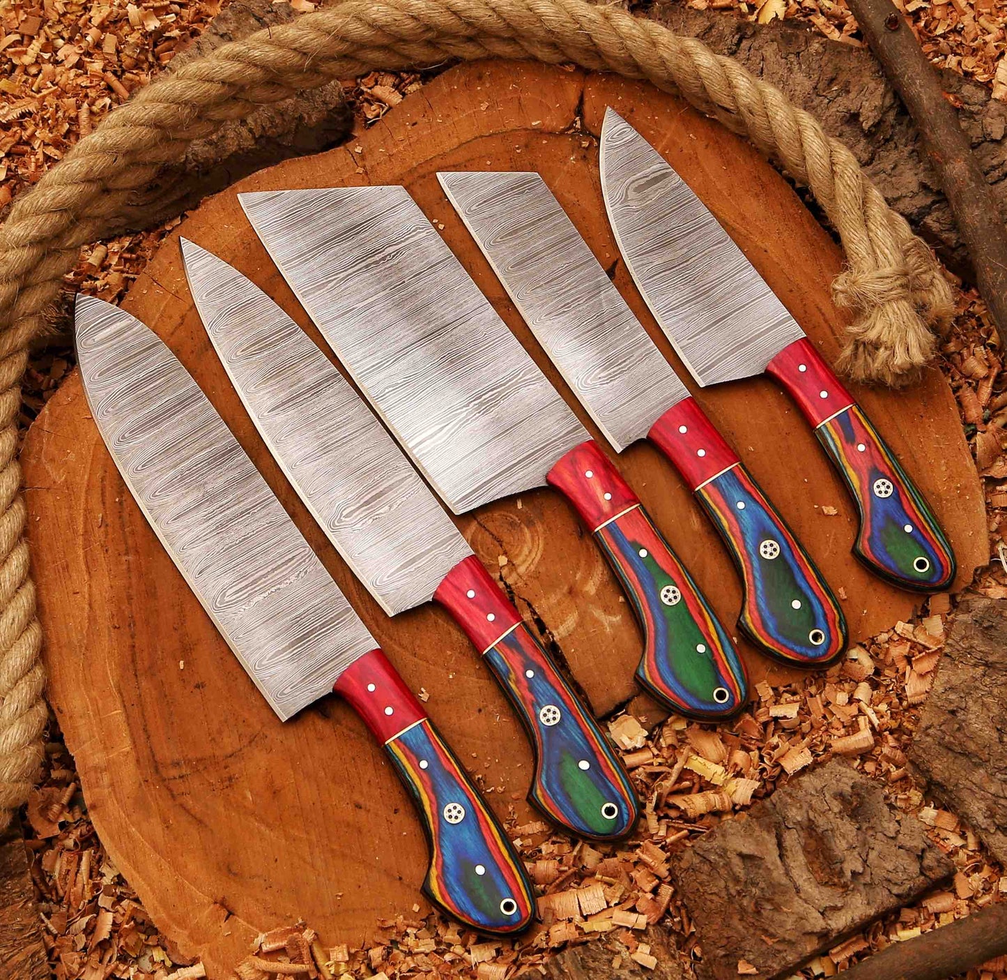 Custom Handmade Damascus Steel Chef Knives Set