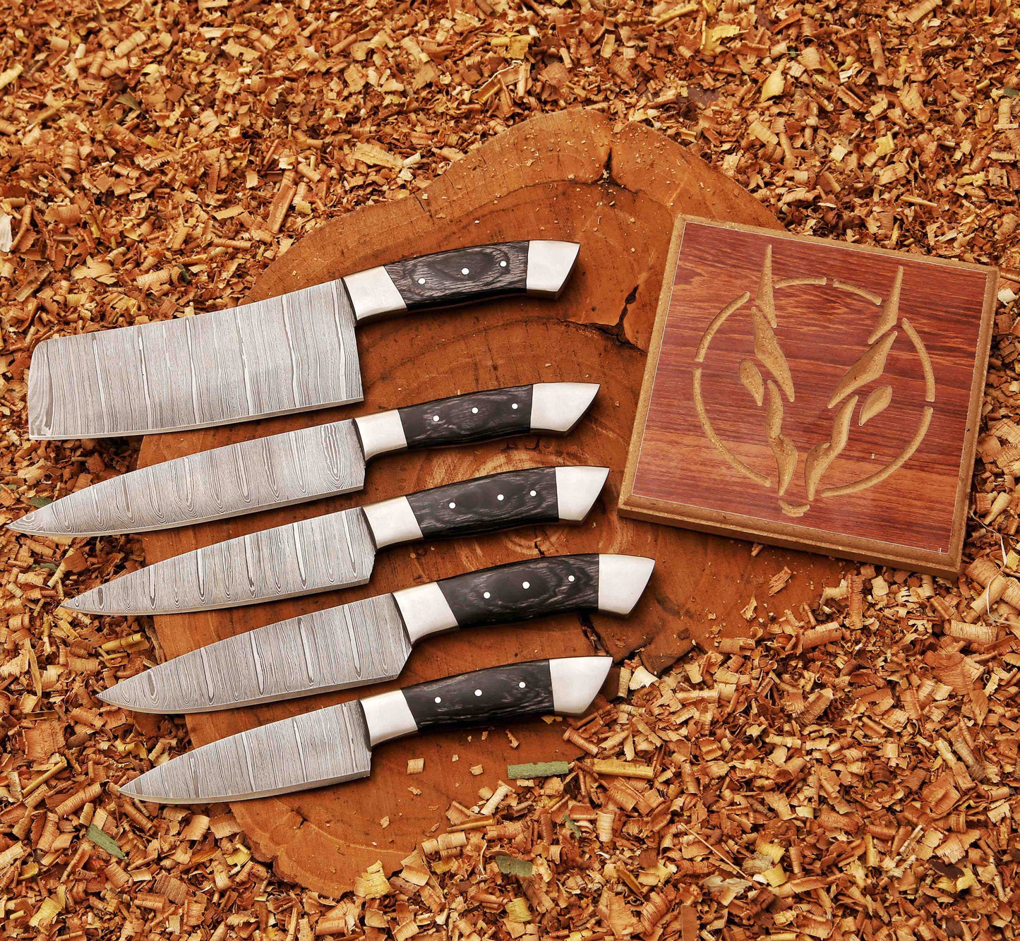 Forged Carbon Coated Steel Chef Set 5Pcs With Leather Roll Cover Handmade Kitchen BBQ Culinary Set B