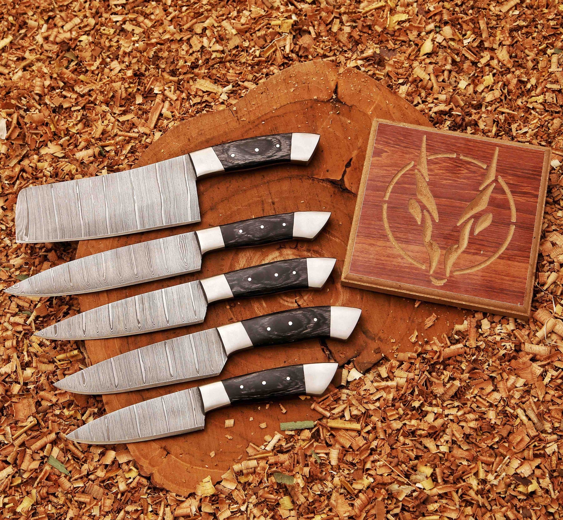 Forged Carbon Coated Steel Chef Set 5Pcs With Leather Roll Cover Handmade Kitchen BBQ Culinary Set B