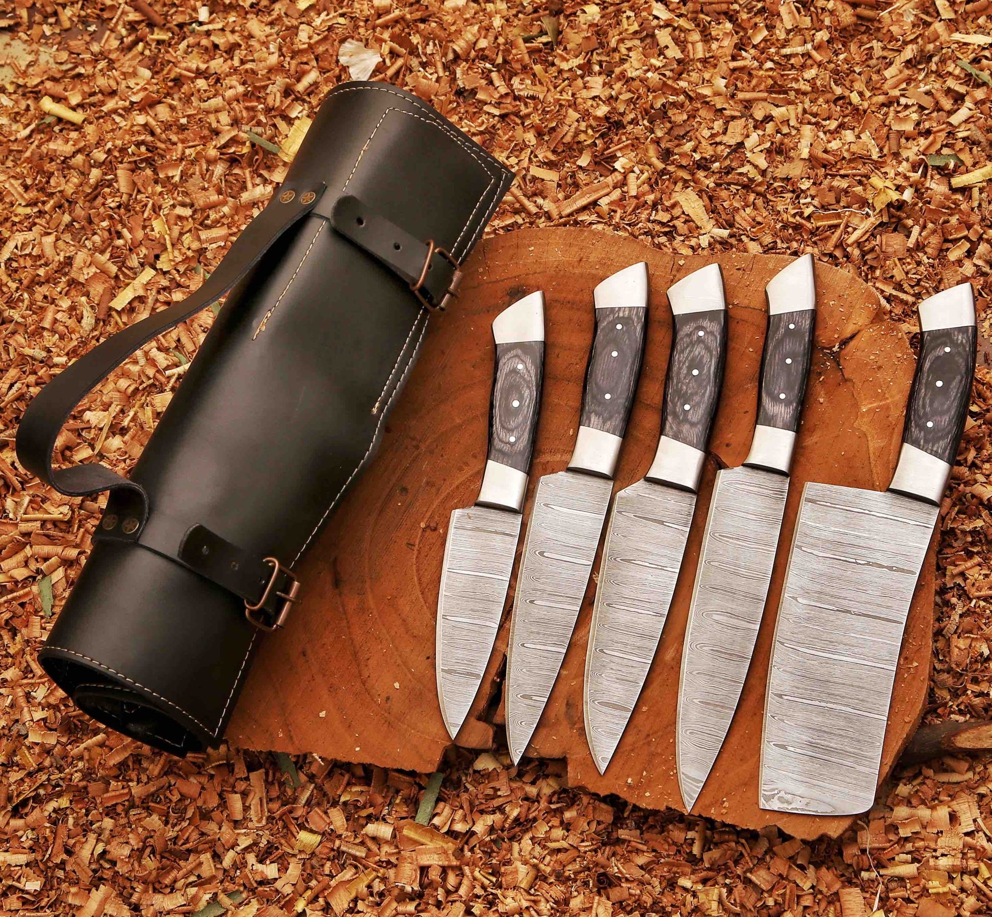 Forged Carbon Coated Steel Chef Set 5Pcs With Leather Roll Cover Handmade Kitchen BBQ Culinary Set B