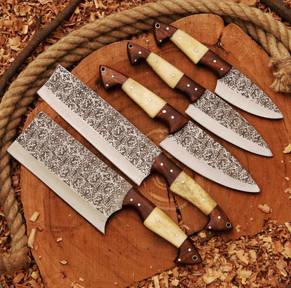 Heaven Forged Damascus Steel Chef Set 6 Pcs With Leather Roll Kit Handmade Kitchen BBQ Culinary Set Birthday 1