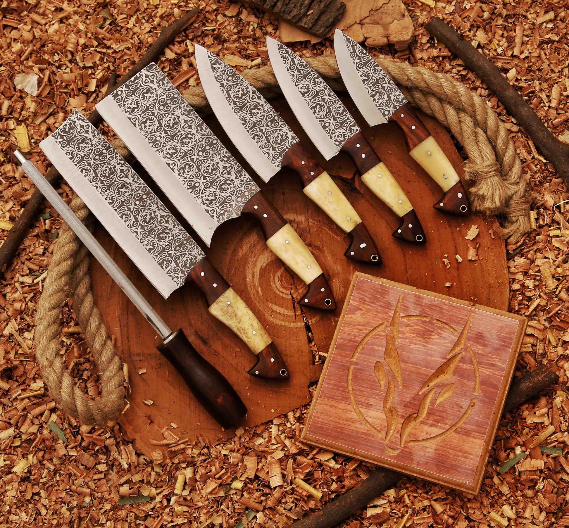 Heaven Forged Damascus Steel Chef Set 6 Pcs With Leather Roll Kit Handmade Kitchen BBQ Culinary Set Birthday 4