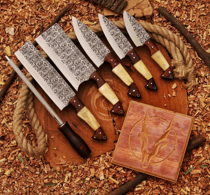Heaven Forged Damascus Steel Chef Set 6 Pcs With Leather Roll Kit Handmade Kitchen BBQ Culinary Set Birthday 4