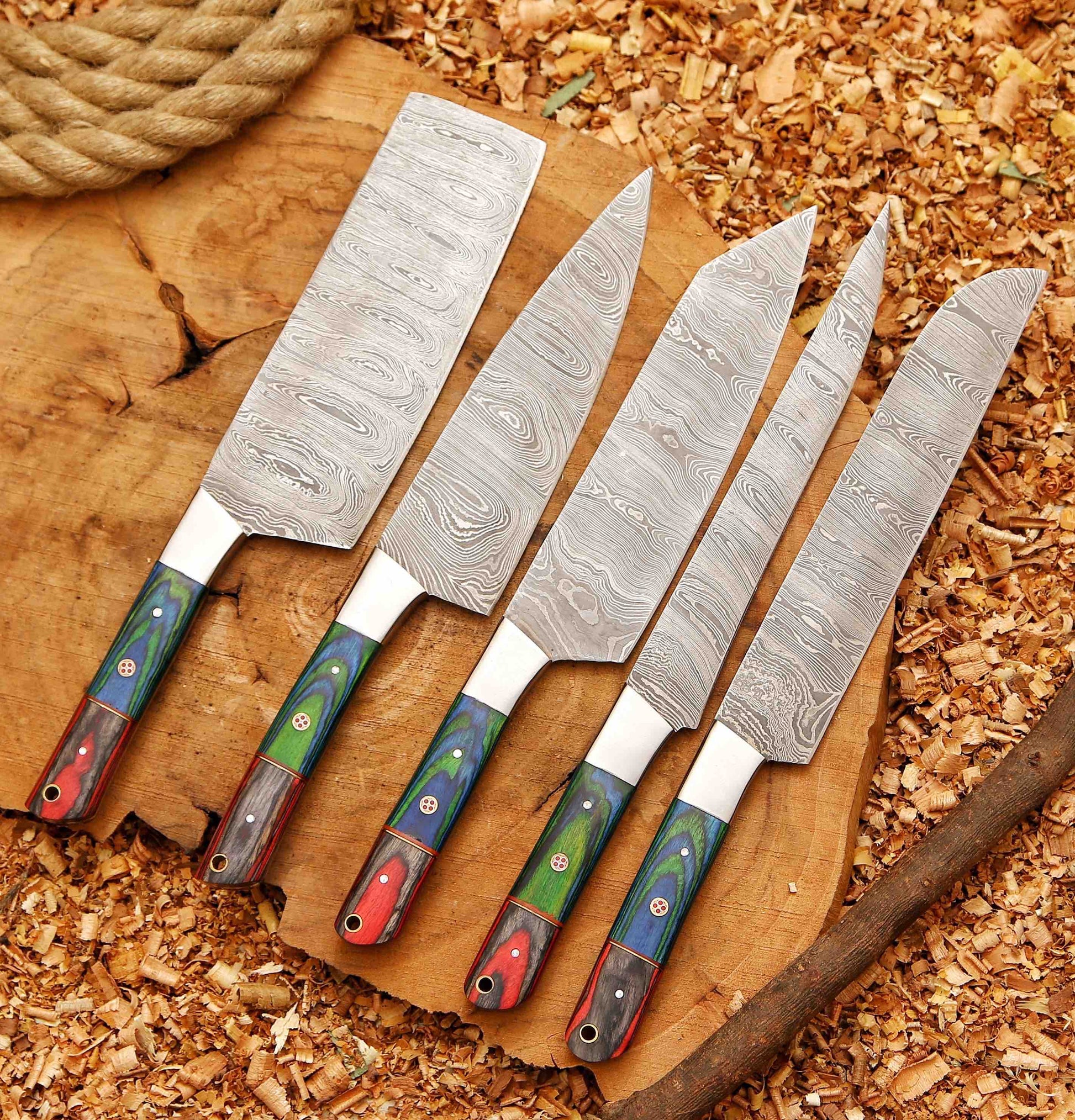 Handcrafted San Mai Damascus Chef Knife Set 5-Piece with Turquoise & Rose Wood Handles Crazy Horse Leather Sheath Gift