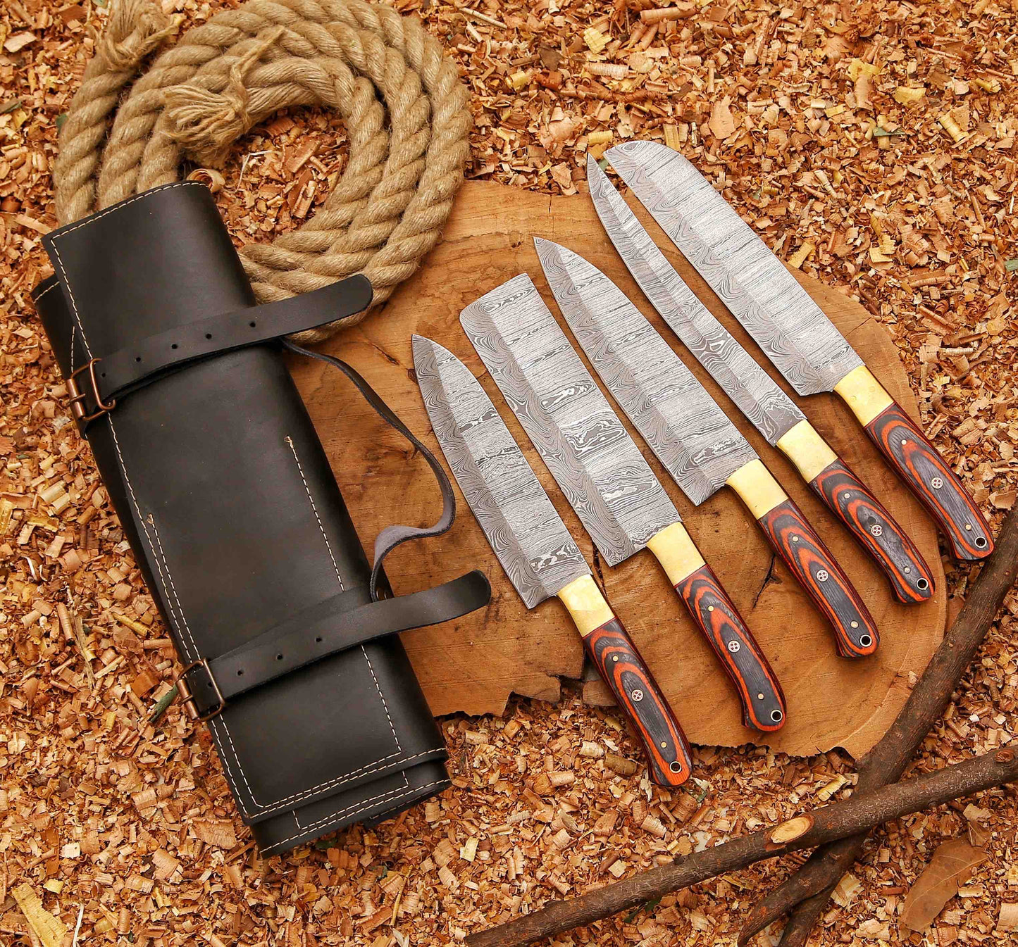 Handcrafted San Mai Damascus Chef Knife Set 5-Piece with Turquoise & Rose Wood Handles Crazy Horse Leather Sheath