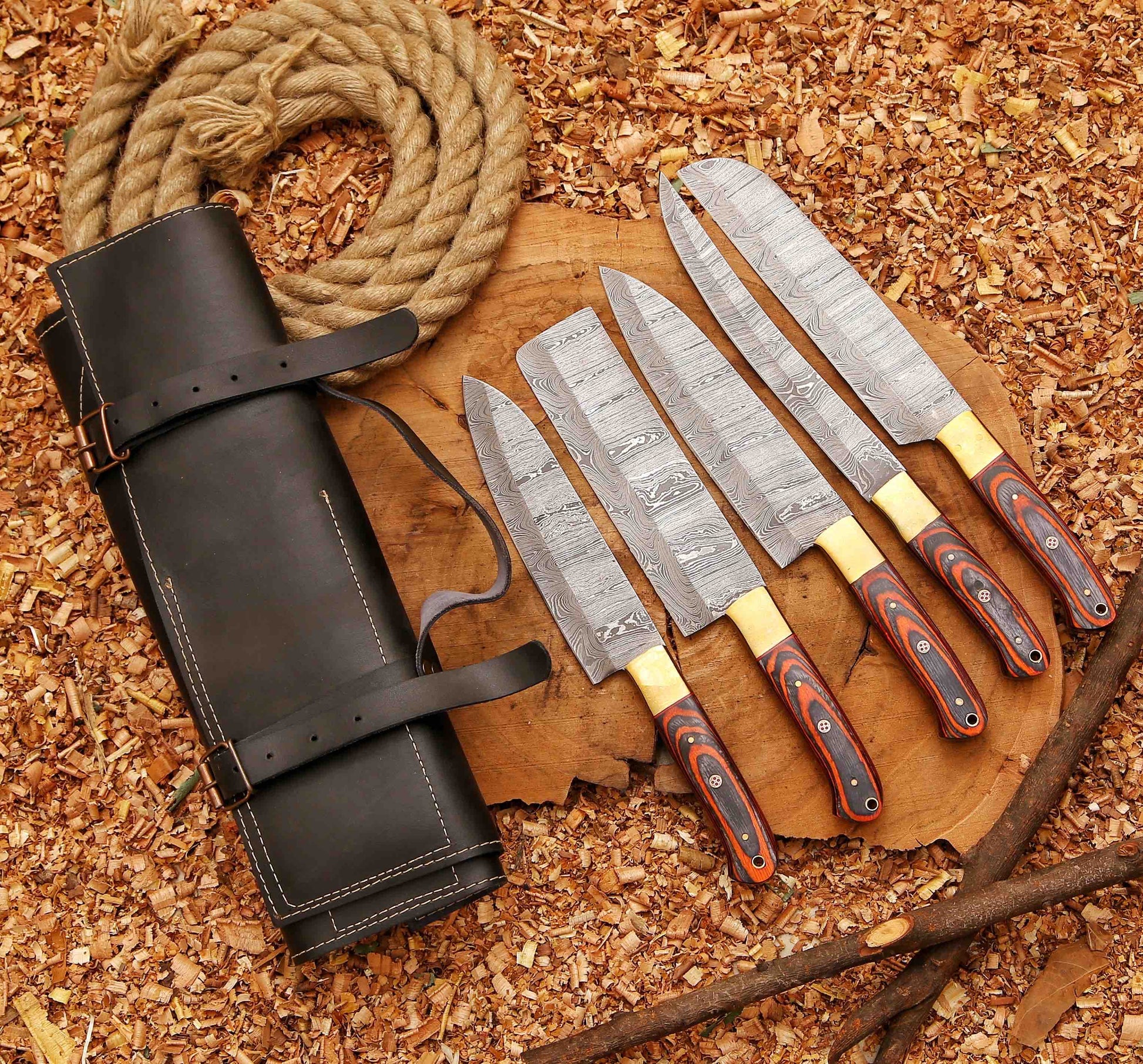 Handcrafted San Mai Damascus Chef Knife Set 5-Piece with Turquoise & Rose Wood Handles Crazy Horse Leather Sheath