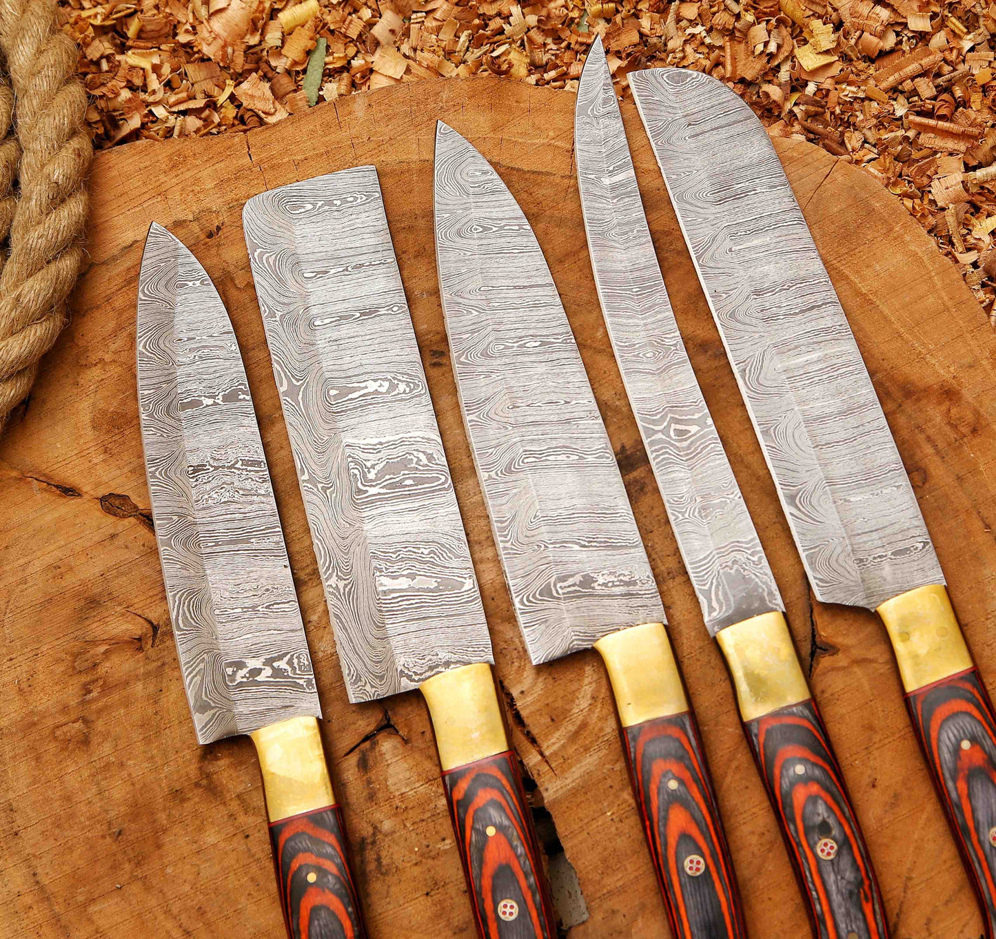 Handcrafted San Mai Damascus Chef Knife Set 5Piece With Turquoise  Rose Wood Handles Crazy Horse Lea