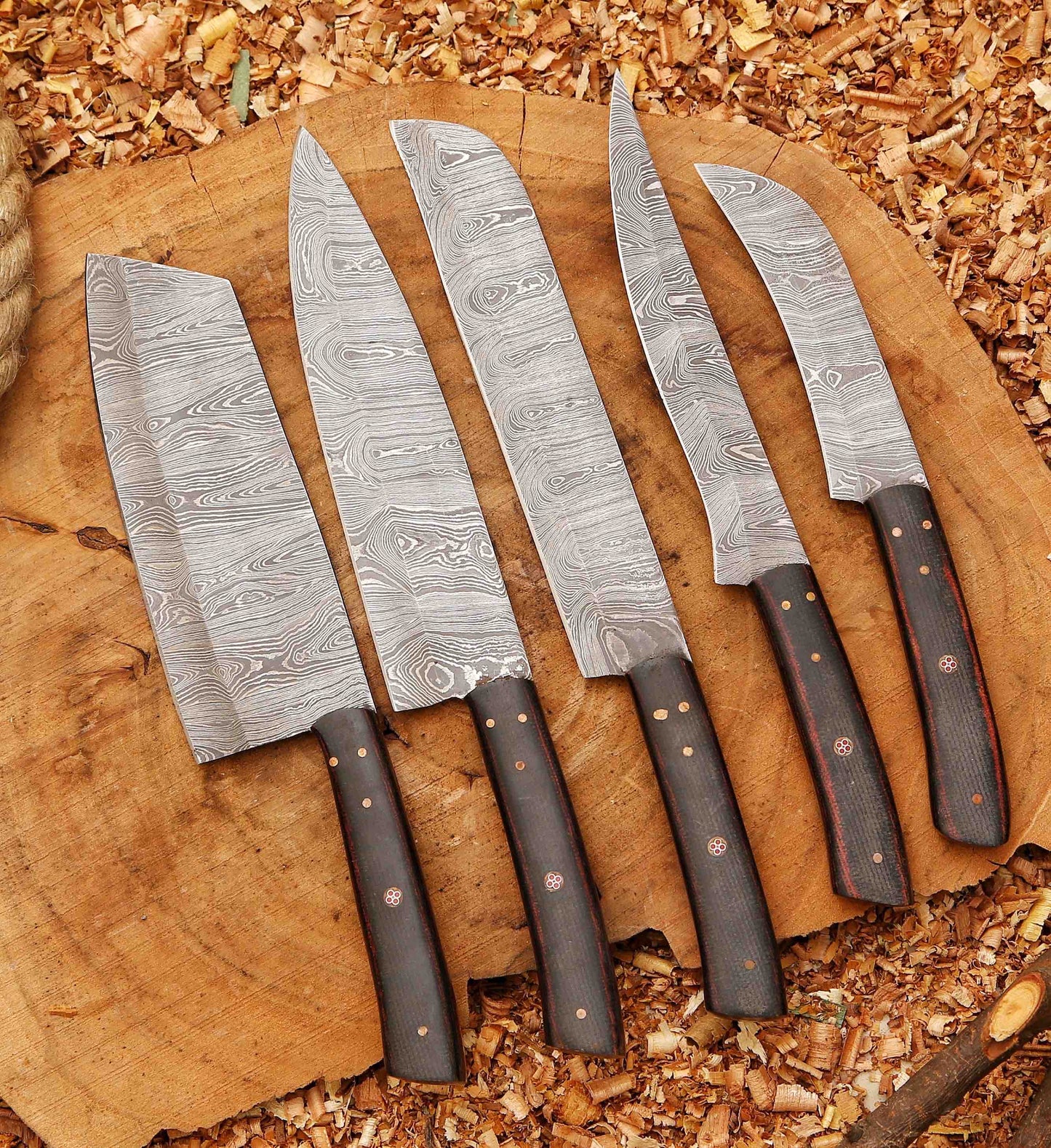Handcrafted San Mai Damascus Chef Knife Set 5Piece With Turquoise  Rose Wood Handles Horse Leather S