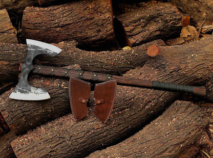 Handmade Viking DoubleHeaded Axe With Etched Carbon Steel And LeatherWrapped Oak Handle Expertly Cra