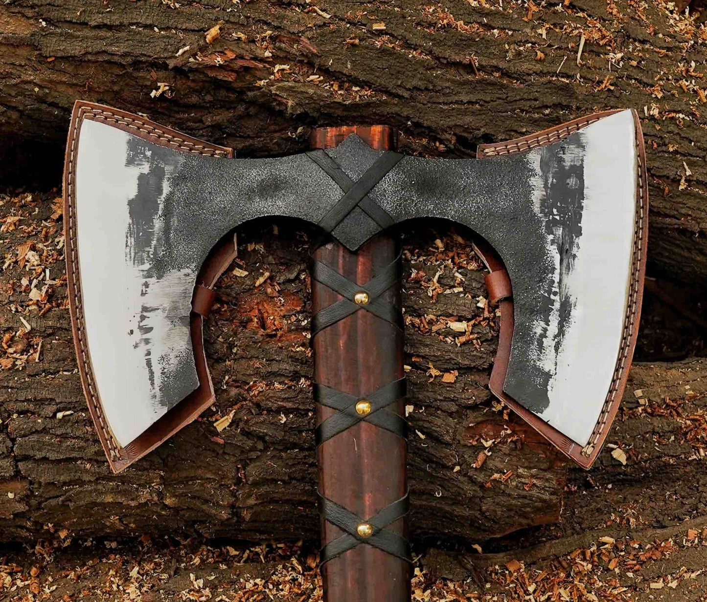 Handmade Viking DoubleHeaded Axe With Etched Carbon Steel And LeatherWrapped Oak Handle Expertly Cra