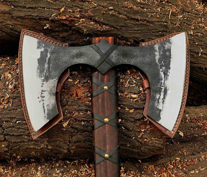 Handmade Viking DoubleHeaded Axe With Etched Carbon Steel And LeatherWrapped Oak Handle Expertly Cra